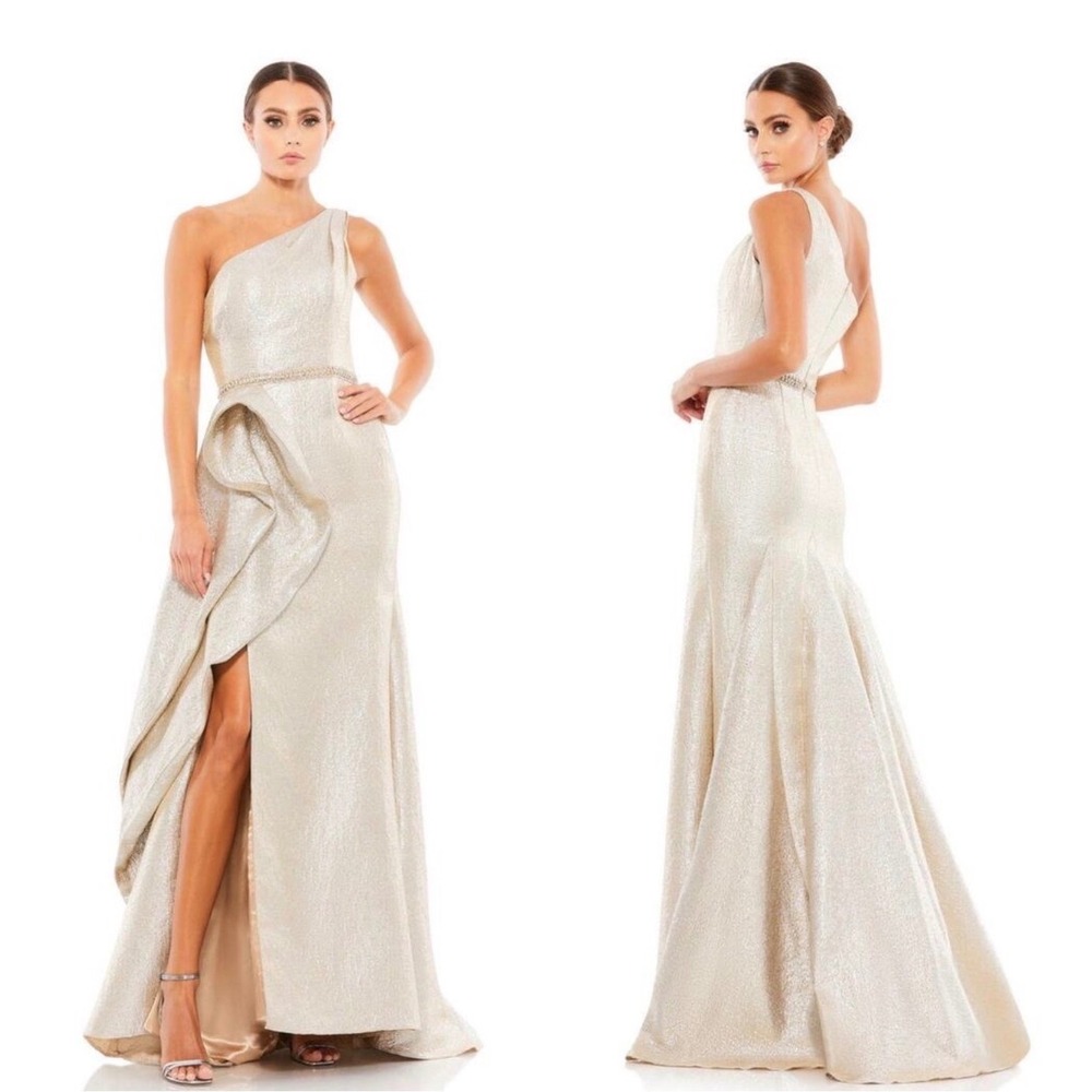 Mac Duggal 66975 One Shoulder Metallic Ruffled Evening Gown Size‎ 16 NWT